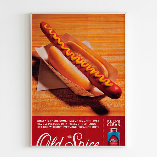 2000s Old Spice Hot Dog Advertising Poster, 00's Style Print, Ad Wall Art, Vintage Design Advertisement, Magazine Ad Retro Poster