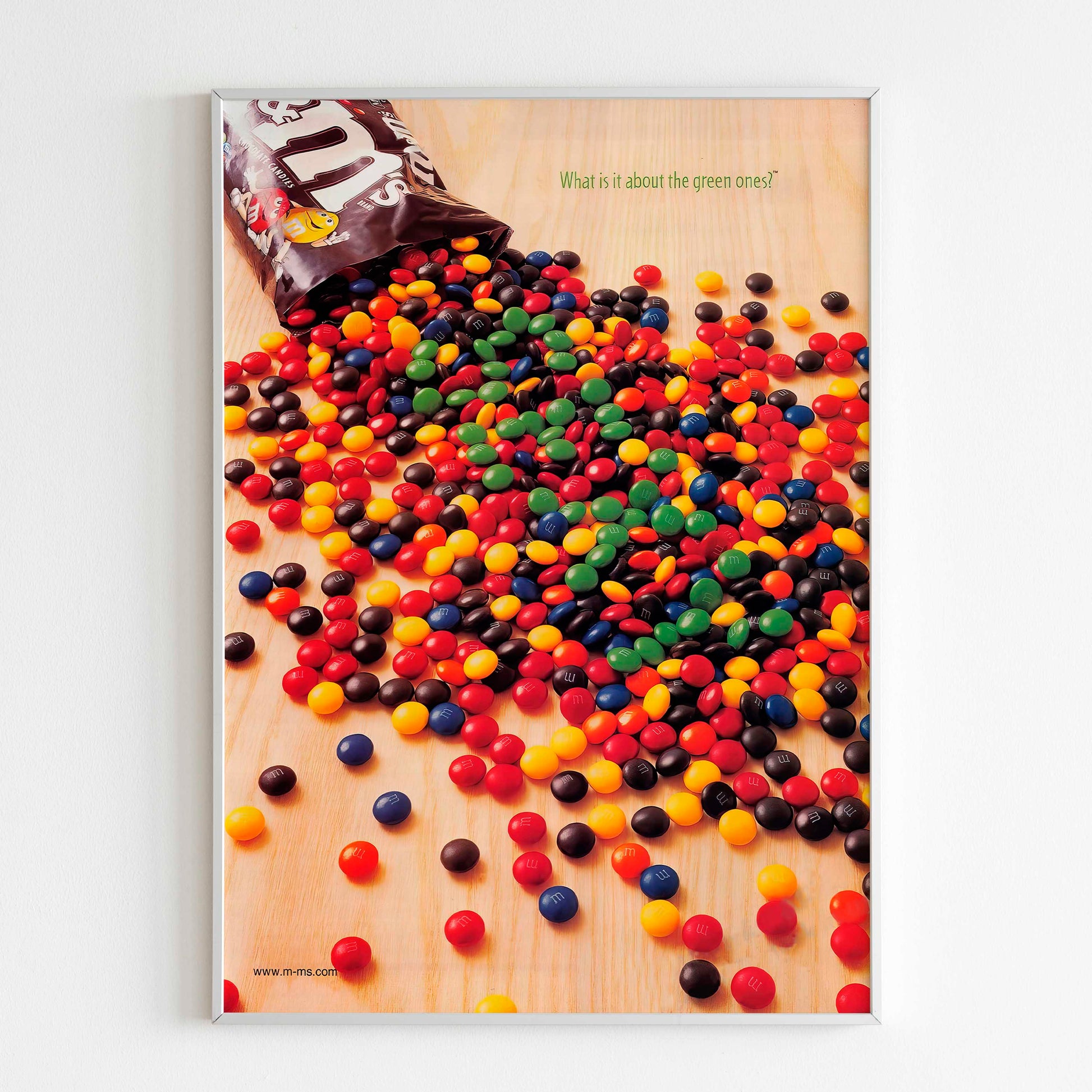 M&M's Green Advertising Poster , 80s Style Print, Vintage Ad Candy Food Design Ad Wall Art, Magazine Advertisement