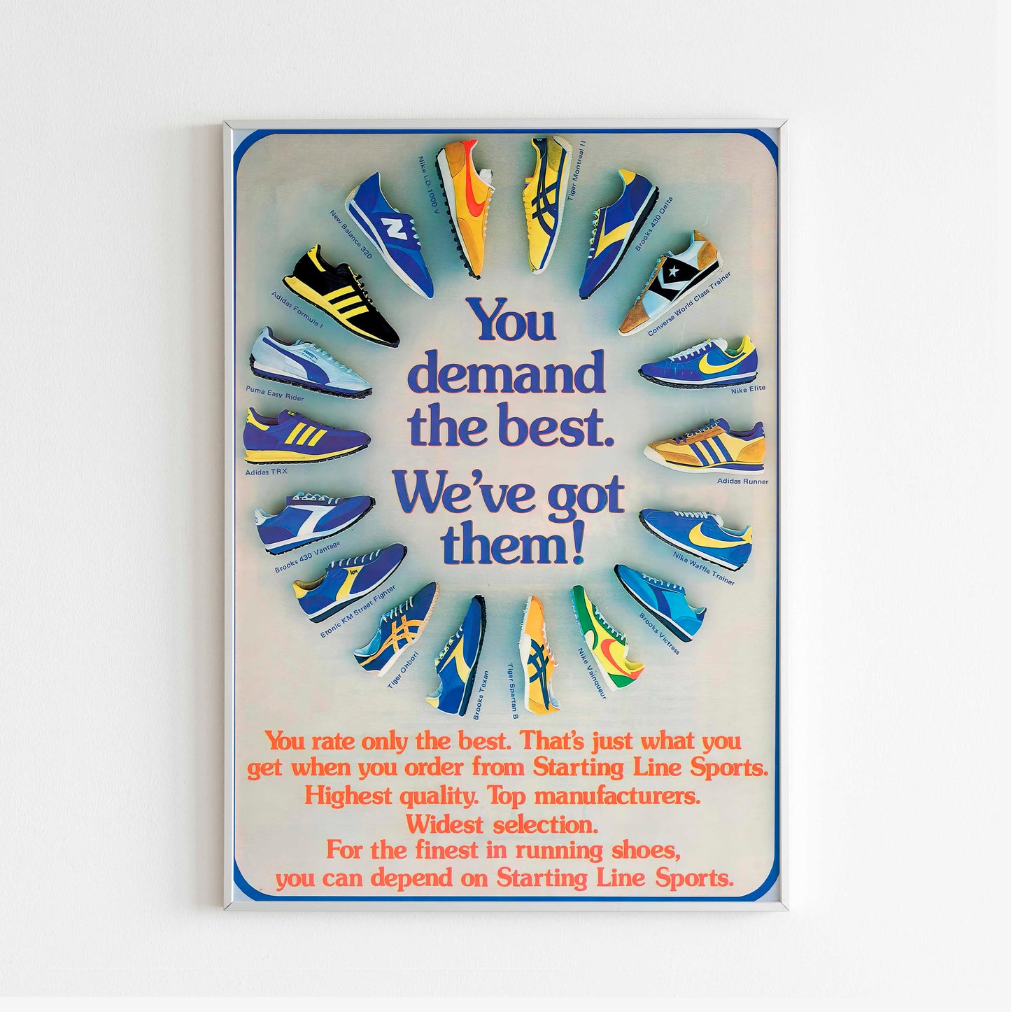 Sneakers Store "You Demand The Best" Advertising Poster, 80s Style Shoes Print, Vintage Design Ad Wall Art, Magazine Retro Advertisement