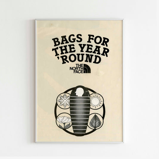 The North Face Sleeping Bags 70s Poster, Vintage Outdoor Print, Retro Wall Art, Journal Advertisement, 70s Style Ad, Explore Wilderness and Mountains, Camping Adventure Print