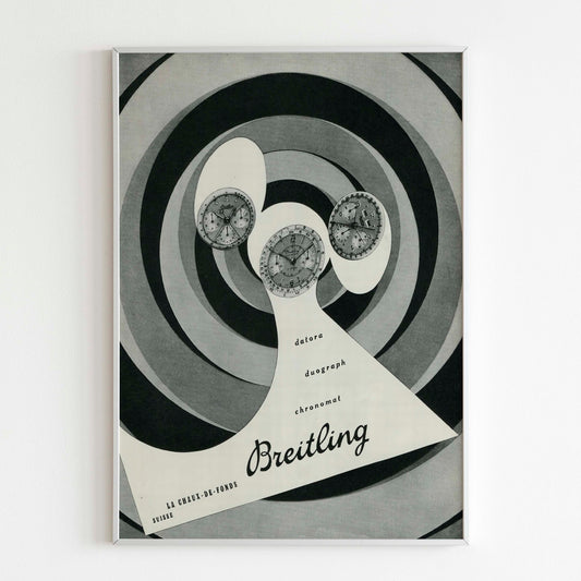 Breitling Chronograph Watch Advertising Poster, Vintage Design Magazine, 60's Swiss Style Print, Ad Wall Art, Retro Luxury Advertisement Active