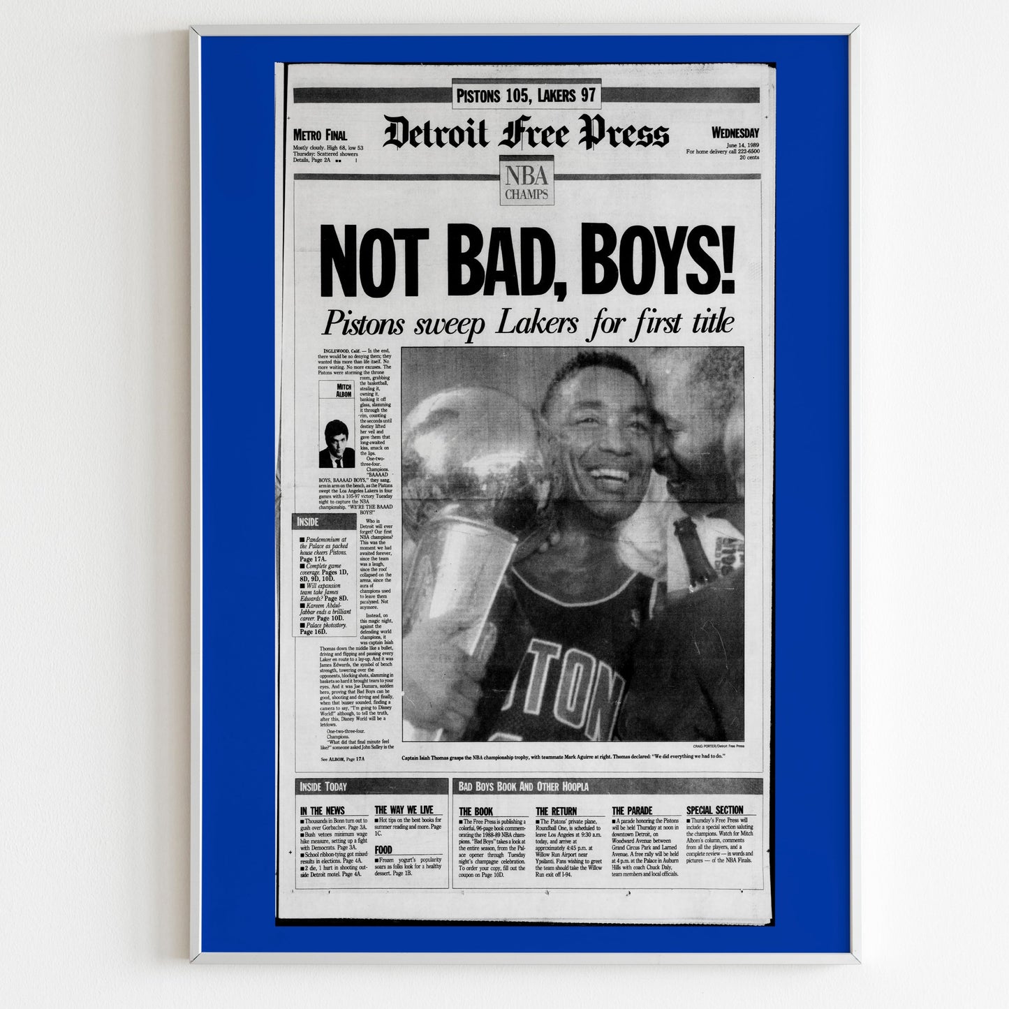 Detroit Pistons 1989 NBA Champions Front Cover Detroit Free Press Newspaper Poster, Not Bad Boys Basketball Print, Magazine Front Page
