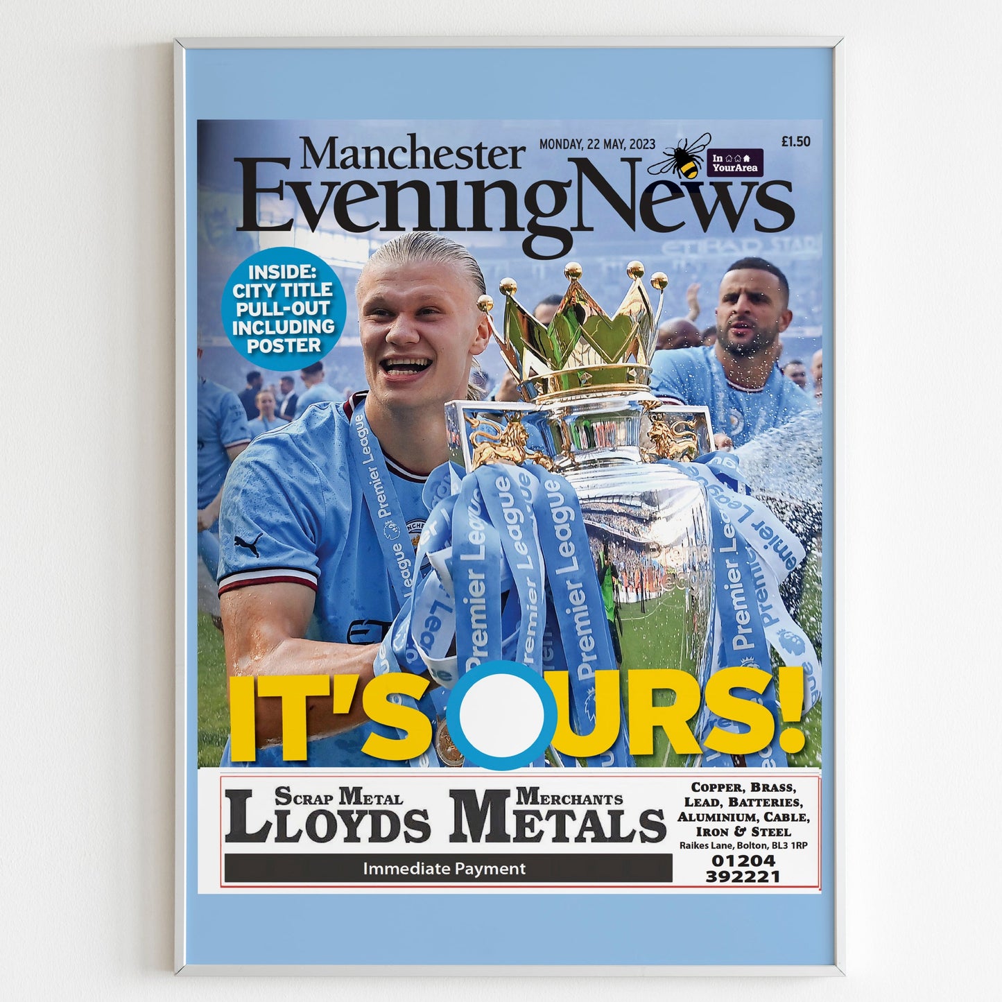 Manchester City 2022 / 2023 Premier Leauge Champions Newspaper Front Cover Poster, Football Club Print, Magazine Front Page Wall Poster