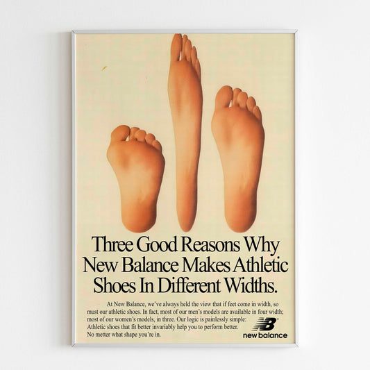 New Balance Poster Advertising, 90s Style Shoes Print, Vintage Running Ad Wall Art, Magazine Retro Advertisement Three Good Reasons Why New Balance Makes Athletic Shoes In Different Widths 90s 80s
