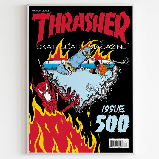 Thrasher Skateboarding Front Cover March 2022 500 Issue Advertising Poster, Skateboarding Style 80s Print, Vintage Front Cover Ad Wall Art, 90s Skate Poster, Magazine Retro Advertisement