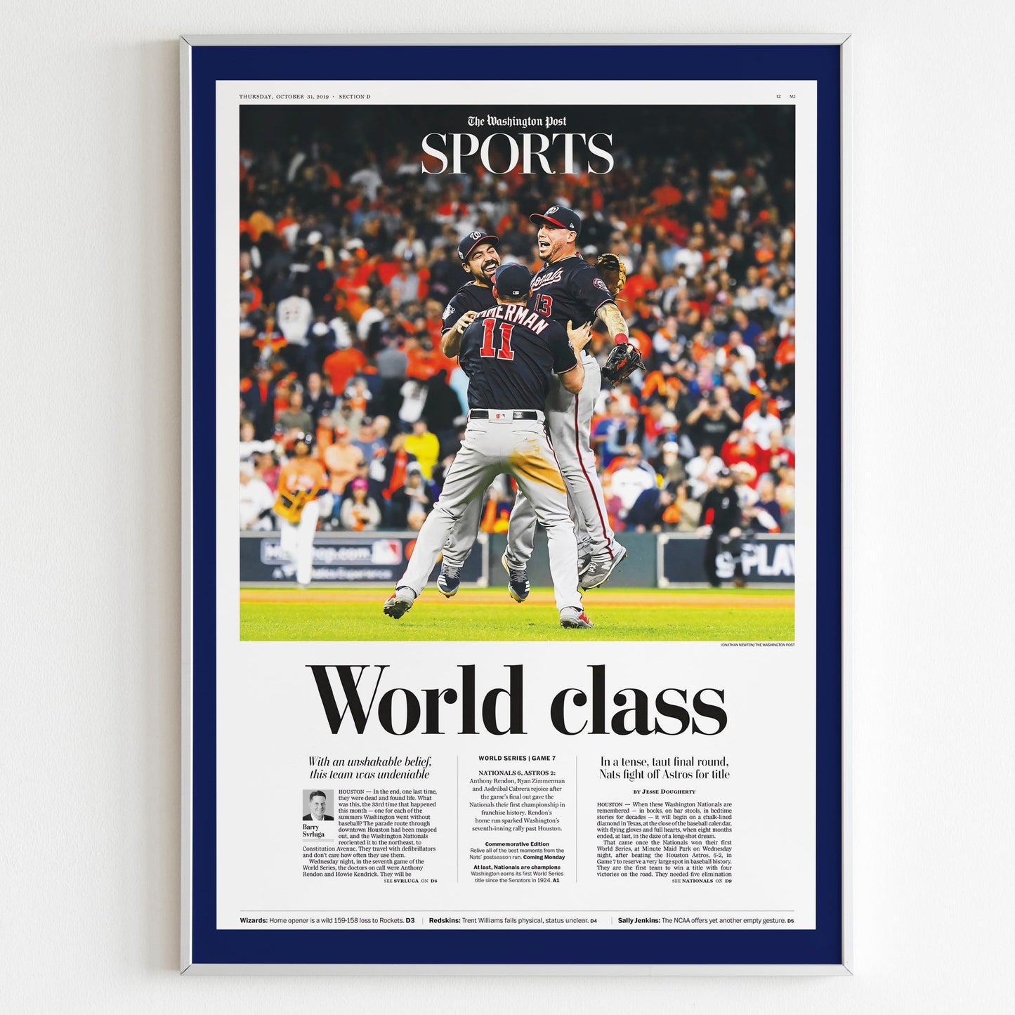 Washington Nationals 2019 World Series MLB Champions Front Cover The Washington Post Newspaper Poster, Baseball Team Print, Wall Poster