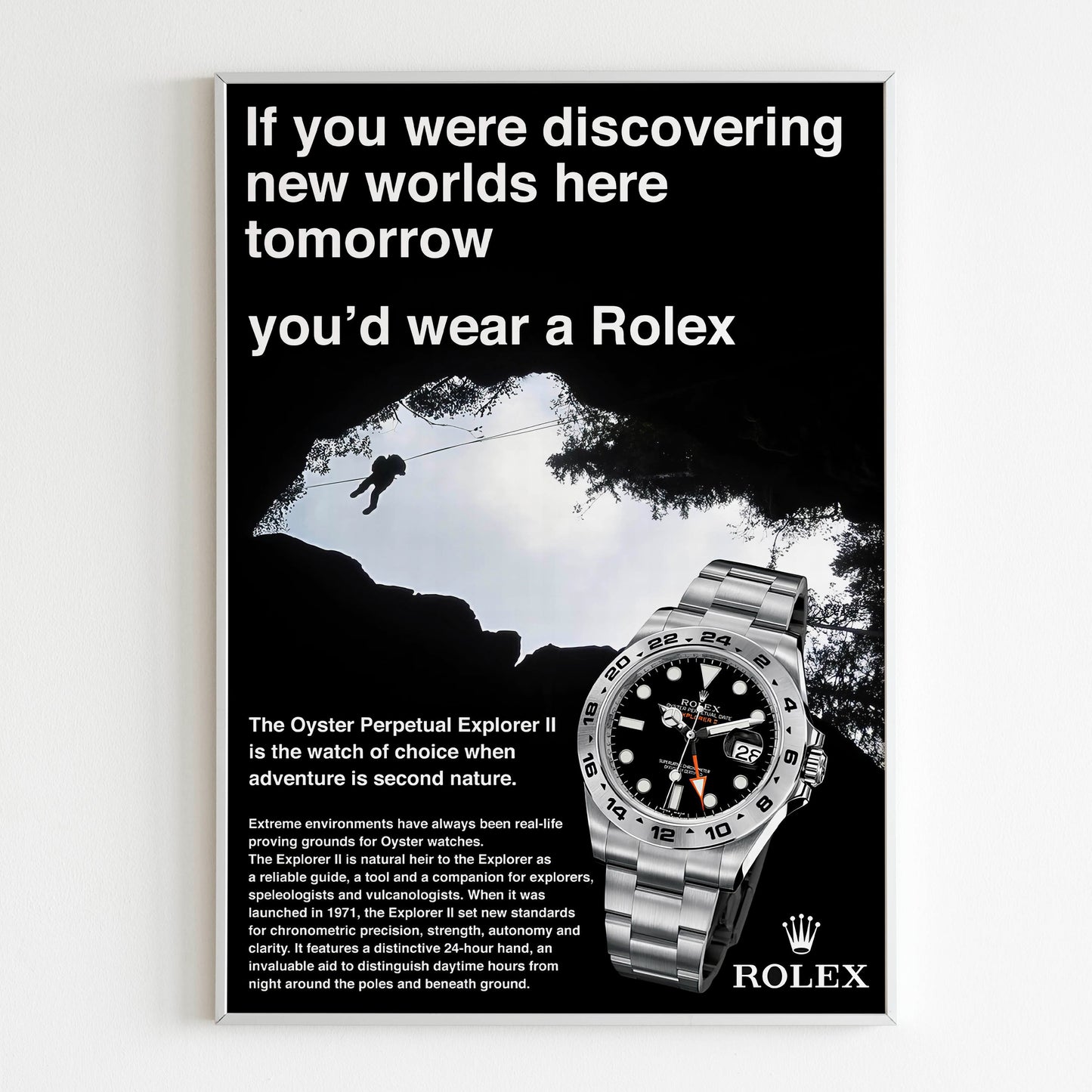 Rolex Oyster Perpetual Explorer II Watch Advertising Poster, 80's Style Print, Vintage Design Magazine, Ad Wall Art, Ad Retro Advertisement