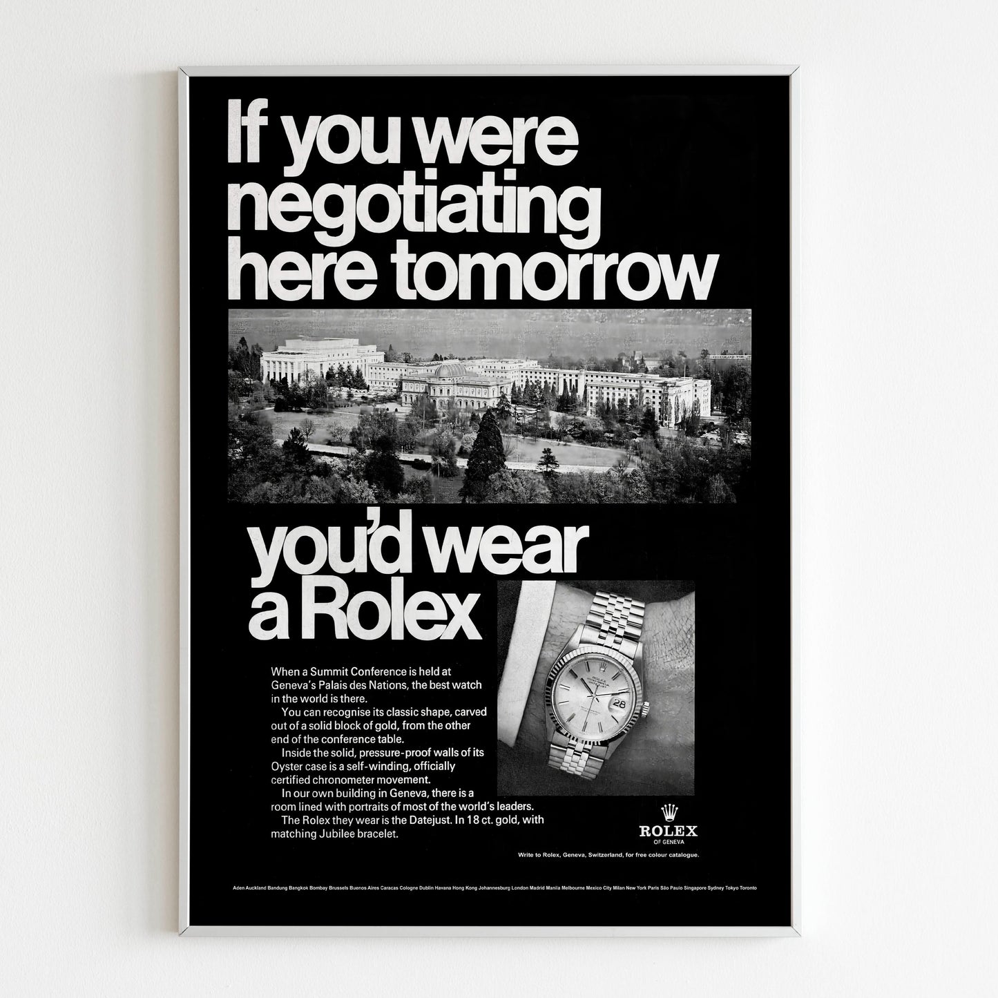 If you were negotiating here tomorrow you'l wear a Rolex. Rolex Oyster Watch Advertising Poster, 80's Style Print, Vintage Design Magazine, Ad Wall Art, Ad Retro Advertisement