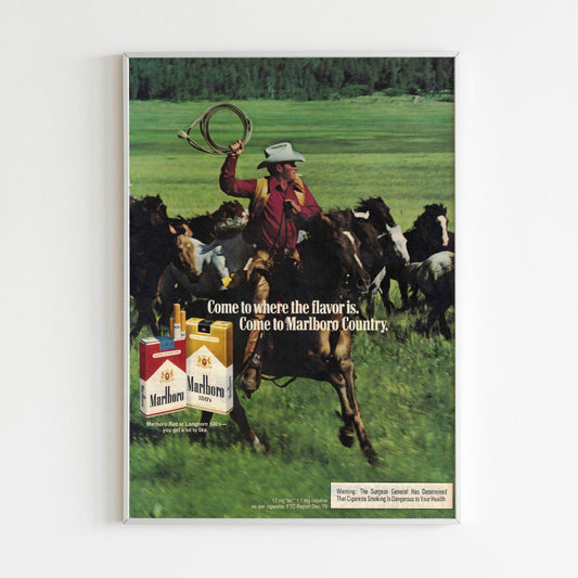 Marlboro Advertising Poster, Cigarettes Collection Ad Wall Art, Marlboro Cowboy 80s Style Print, Retro Magazine Vintage Design Advertisement