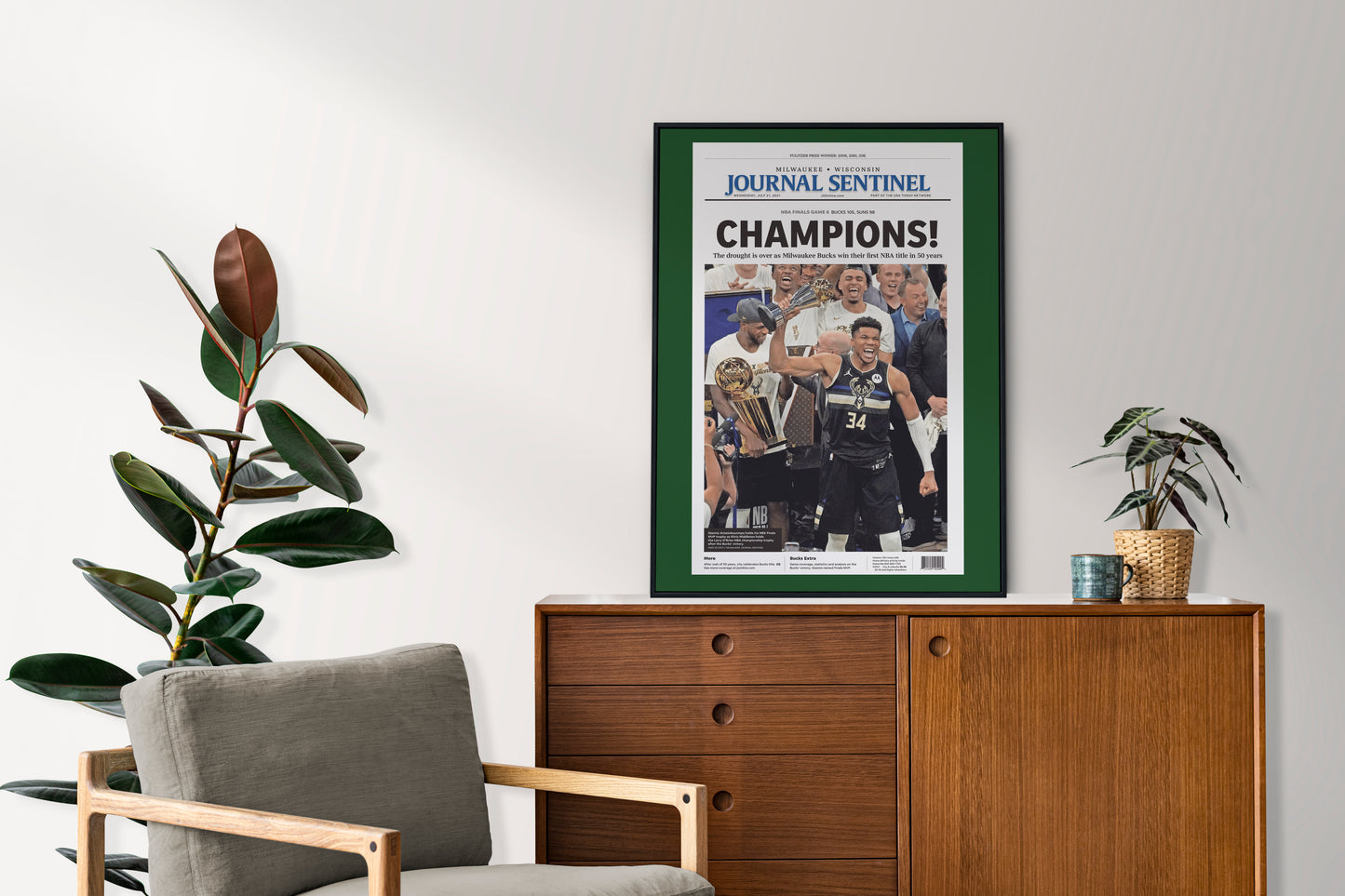 Milwaukee Bucks 2021 NBA Champions Front Cover Journal Sentinel Newspaper Poster