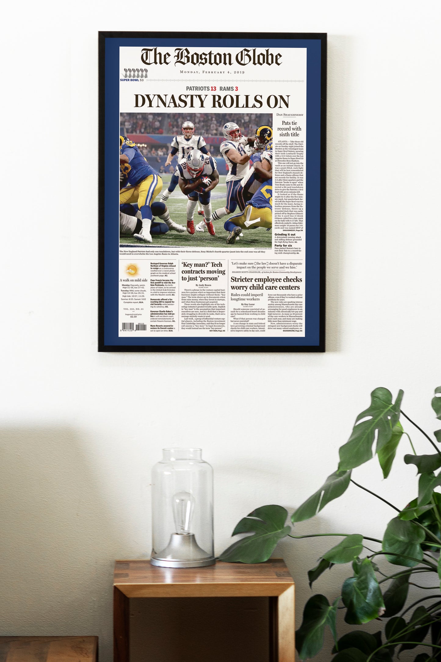 New England Patriots 2019 Super Bowl NFL Champions Front Cover The Boston Globe Newspaper Poster