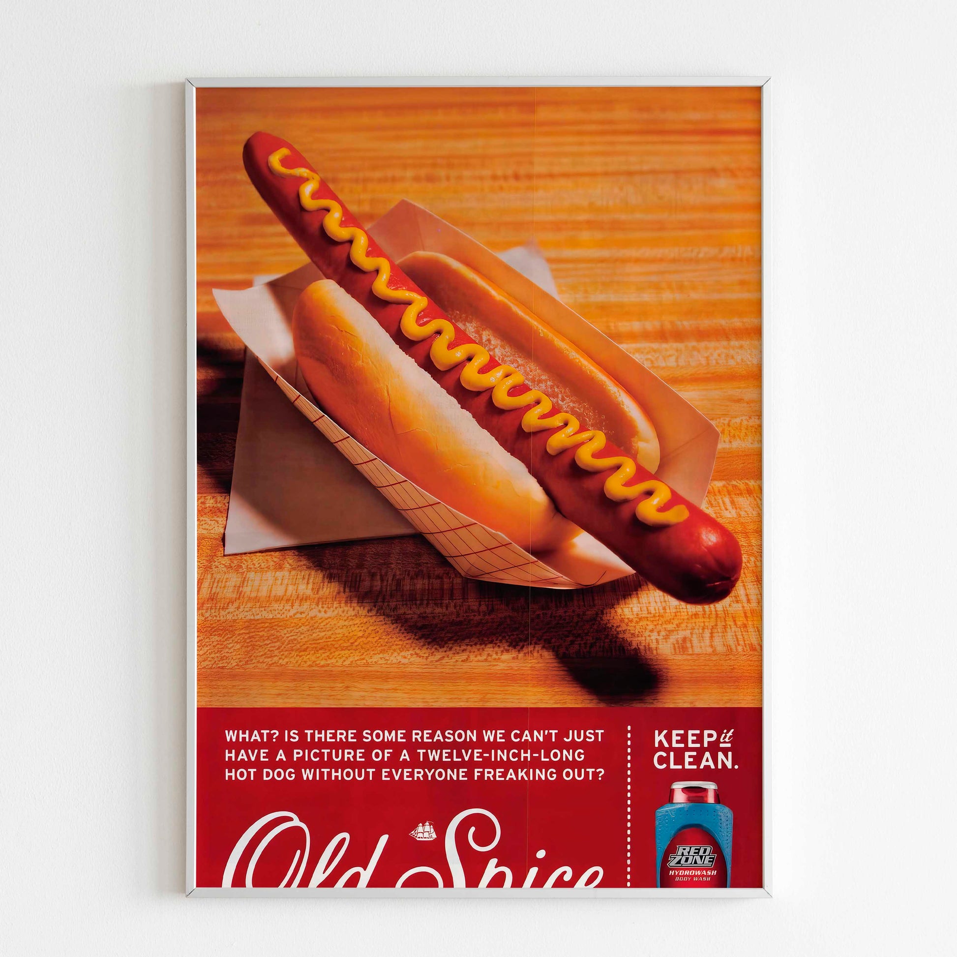 2000s Old Spice Hot Dog Advertising Poster, 00's Style Print, Ad Wall Art, Vintage Design Advertisement, Magazine Ad Retro Poster