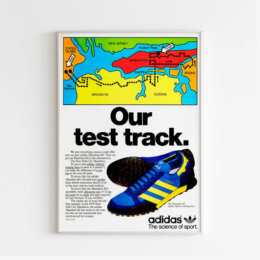 Adidas 1979 Marathon New York Advertising Poster, Our Test Track, 80s Style Shoes Print, Vintage Running Ad Wall Art, Magazine Retro Advertisement