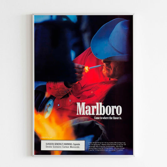 Marlboro Country Cowboy Night Advertising Poster, 80s Style Print, Cigarettes Collection Ad Wall Art, Retro Magazine Rare Vintage Design Advertisement