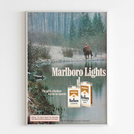 Marlboro Country Cowboy Winter Lake Advertising Poster, 80s Style Print, Cigarettes Collection Ad Wall Art, Retro Magazine Rare Vintage Design Advertisement