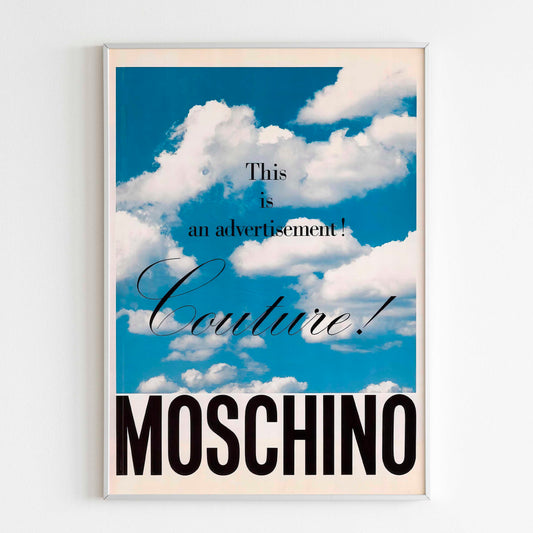 Moschino Couture Print Advertisement Poster, Vintage Design Ad Advertising Magazine, 90's Style Print, Ad Wall Art, Ad Retro Advertisement Sky logo