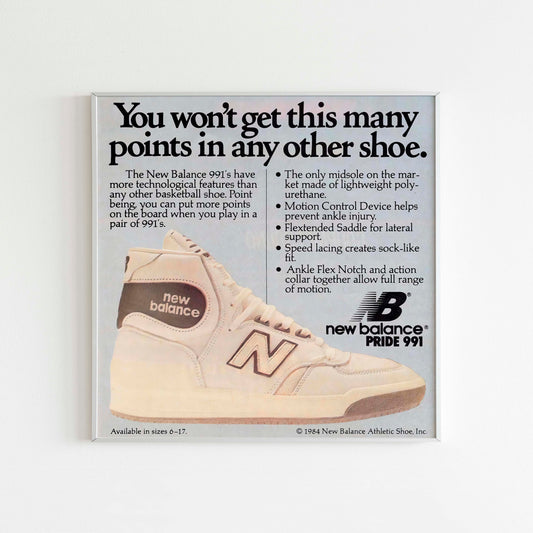 New Balance 991 High Top Basketball Poster Advertising, 80s Style Shoes Print, Vintage Running Ad Wall Art, Magazine Retro Advertisement