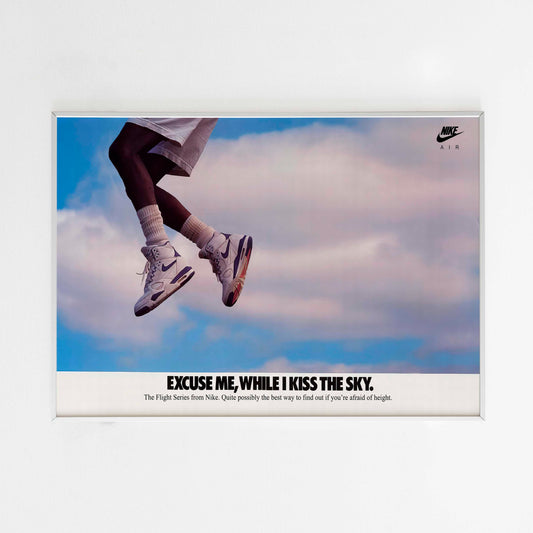 Nike "Excuse Me, While I Kiss The Sky" Poster Advertising, 90s Style Shoes Print, Vintage Basketball Ad Wall Art, Magazine Retro Advertisement NBA