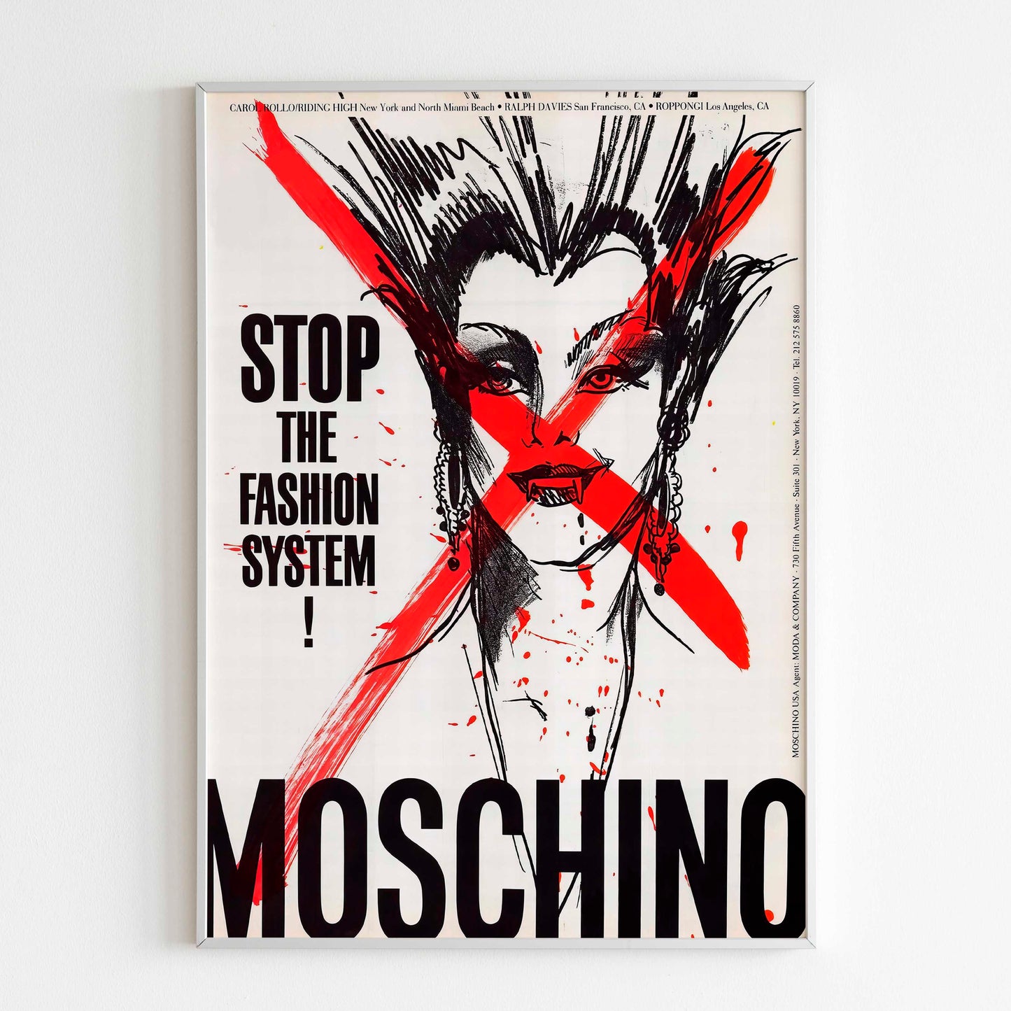 Moschino "Stop The Fashion System" Poster Print Advertisement , Vintage Design Ad Advertising Magazine, 90's Style Print, Ad Wall Art, Ad Retro Advertisement Sky logo