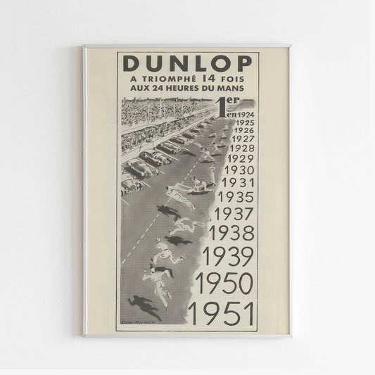 Dunlop Le Mans 24 Magazine Advertising Poster, Sport Car Tires Champions 50s Style Print, Vintage Design, Racing Ad Wall Art, Magazine Retro Advertisement