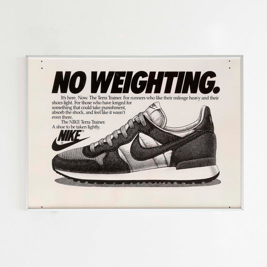 Nike No Weighting Advertising Poster, 80s Style Shoes Print, Vintage Running Ad Wall Art, Magazine Retro Advertisement