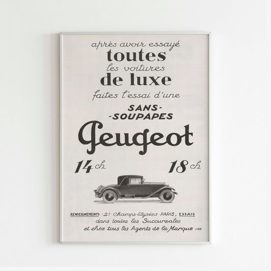 Peugeot Vogue Magazine Advertising Poster, 60s France Auto Style Print, Vintage Design Poster, Racing Ad Wall Art, Magazine Retro Advertisement