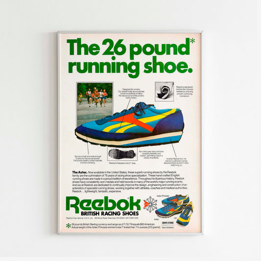 Reebok Aztec Advertising Poster, 80s Style Shoes Print, Vintage Running Ad Wall Art, Magazine Retro Advertisement