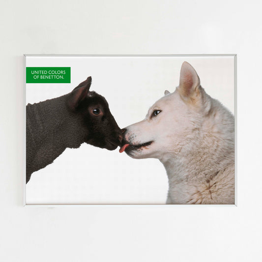 United Colors of Benetton Advertising Poster, 90s Style Toscani Photo Print, Vintage Ad Wall Art, Magazine Retro Advertisement, Black Sheep and White Dog Poster, No To Racism, Animal Print