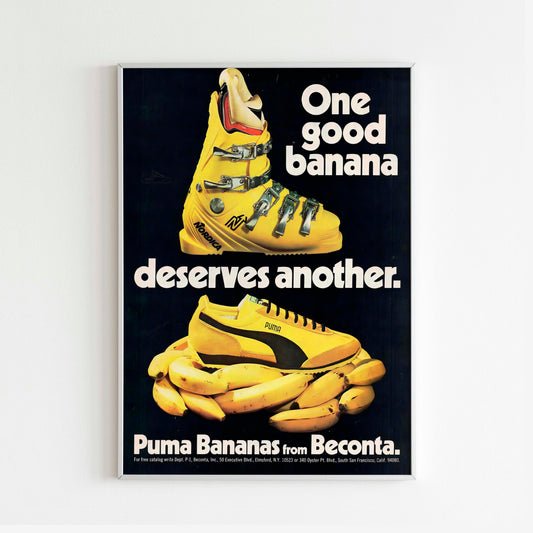 Puma Nordica Banana Shoes Poster Poster Advertising, 70s Style Sneakers Print, 1973 Vintage Running Ad Wall Art, Magazine Retro Advertisement