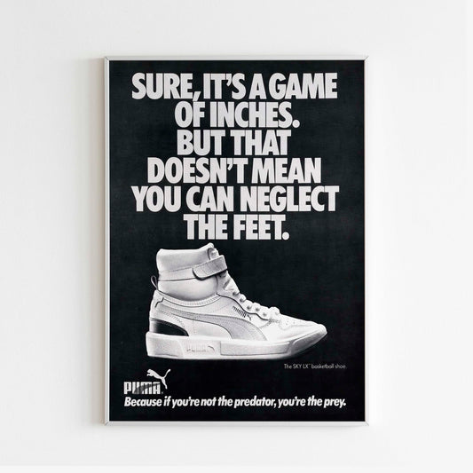 Puma It's Game Of Inches But That Doesn't Mean You Can Neglect The Feet Sneakers Poster Advertising, Style Sneakers Print, 80s Vintage Ad Wall Art, Magazine Retro Advertisement