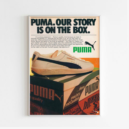 Puma Our Story Is On The Box Poster Advertising, 70s Style Sneakers Print, 80s Vintage Running Ad Wall Art, Magazine Retro Advertisement