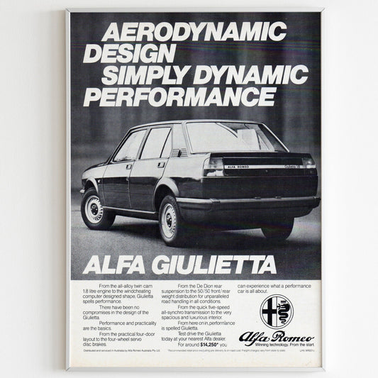 Alfa Romeo Giulietta Advertising Poster, 80s Style Print, Racing Ad Wall Art, Vintage Design, Magazine Retro Advertisement