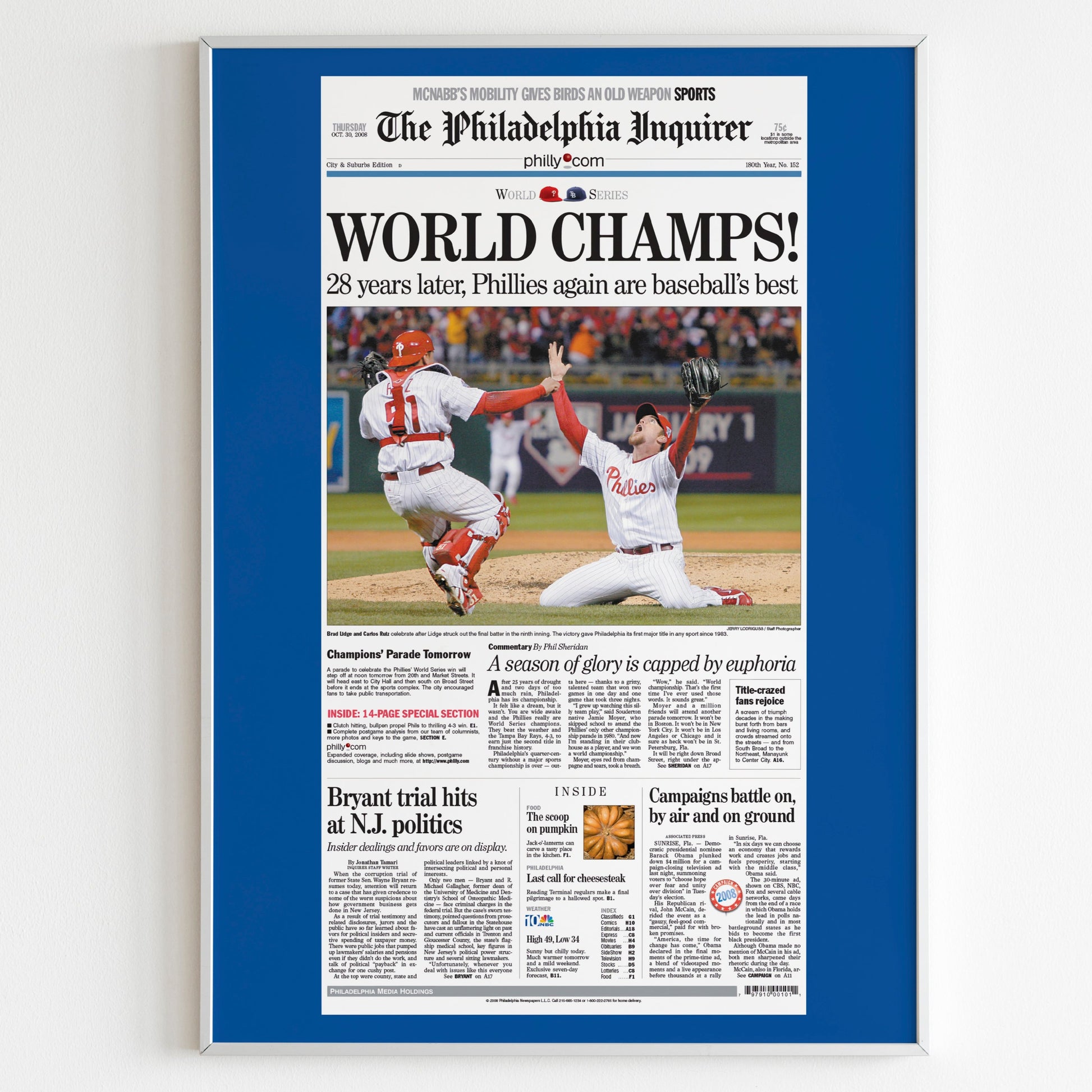 Philadelphia Phillies 2008 World Series MLB Champions Front Cover Philadelphia Inquirer Newspaper Poster, Baseball Team Magazine Print