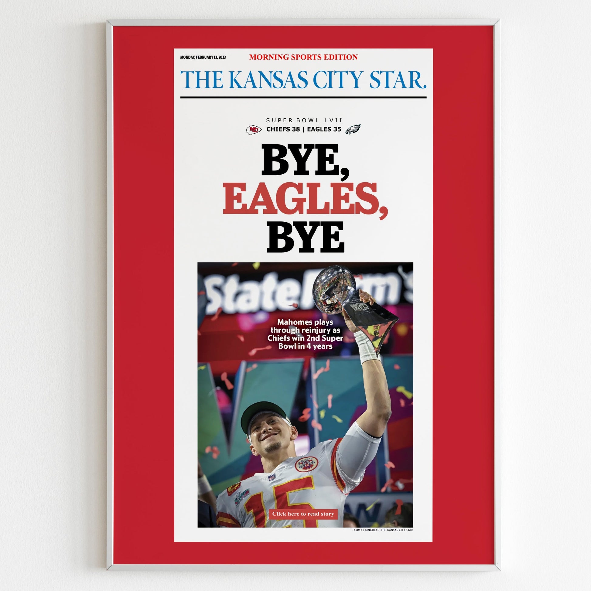 Kansas City Chiefs 2023 Super Bowl NFL Champions Front Cover The Kansas City Star Newspaper Poster, Football Team Print, Front Page Poster