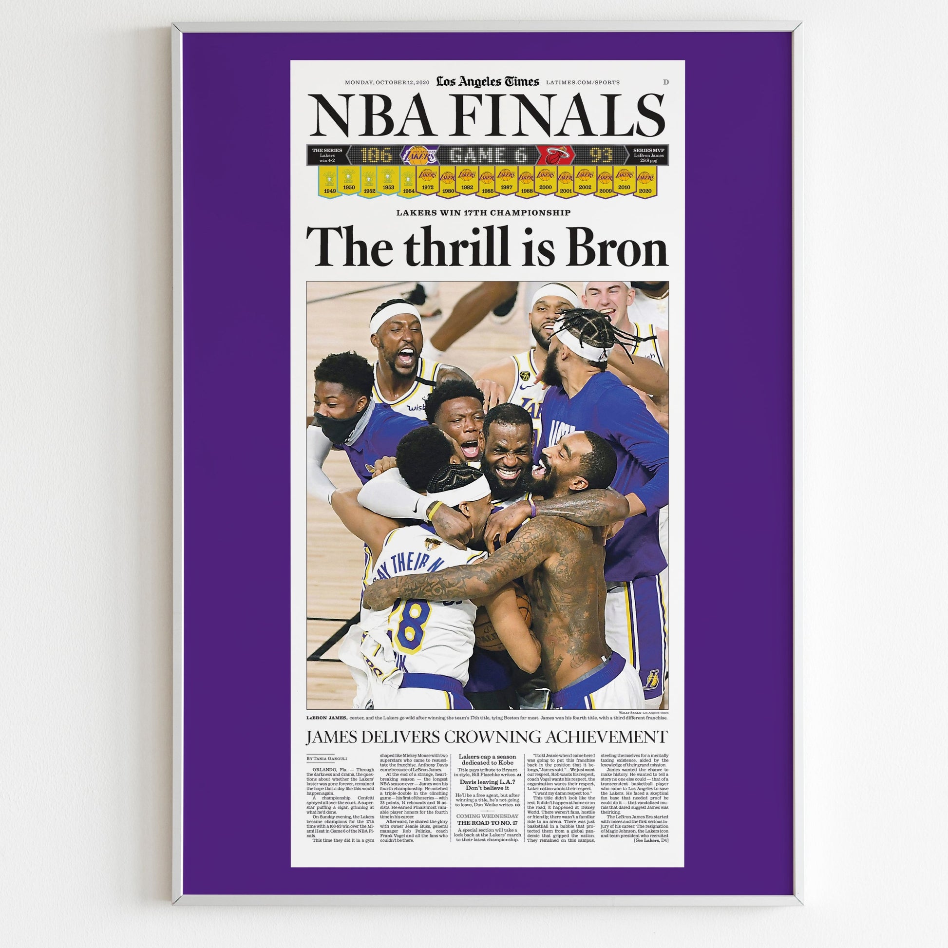 Los Angeles Lakers 2020 NBA Champions Front Cover Los Angeles Times Newspaper Poster, Lebron James Basketball Print, Magazine Front Page