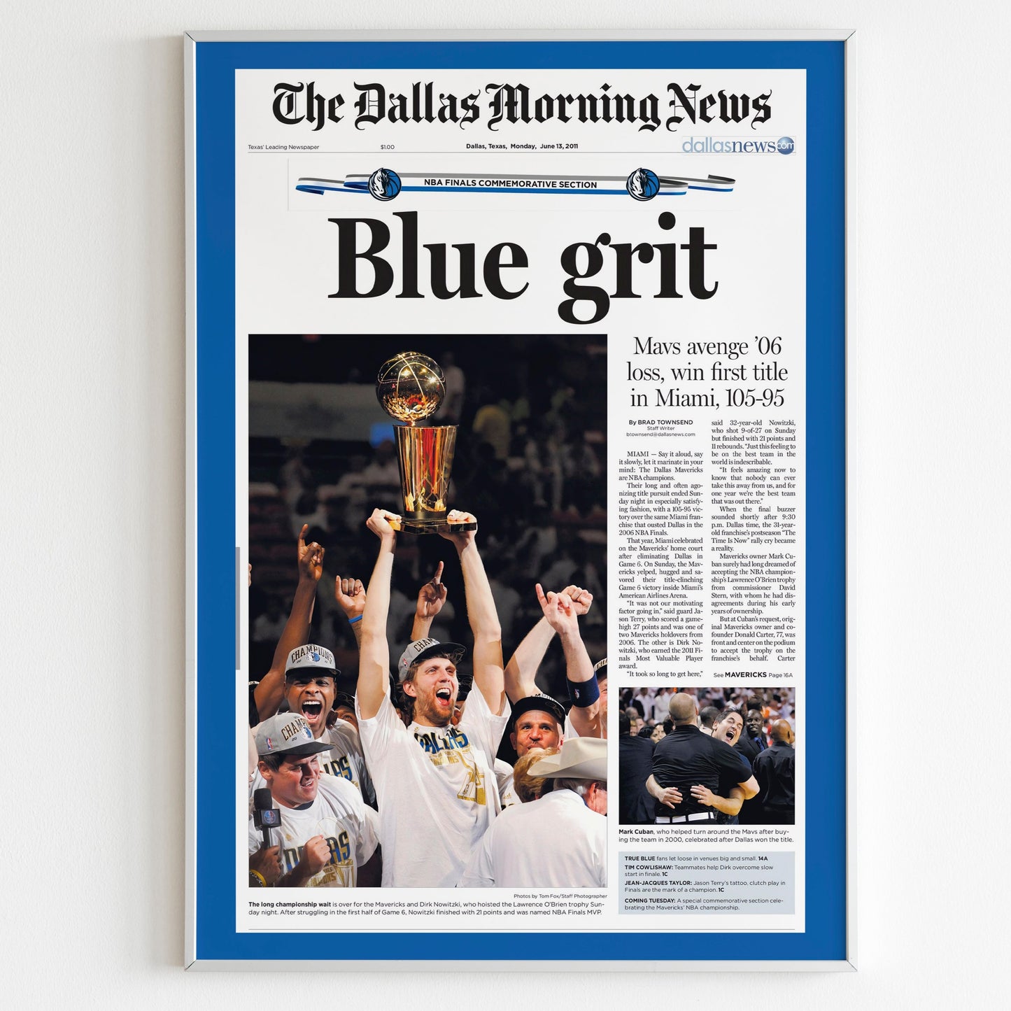 Dallas Mavericks 2011 NBA Champions Front Cover The Dallas Morning News Newspaper Poster, Nowitzki Basketball Print, Magazine Front Page