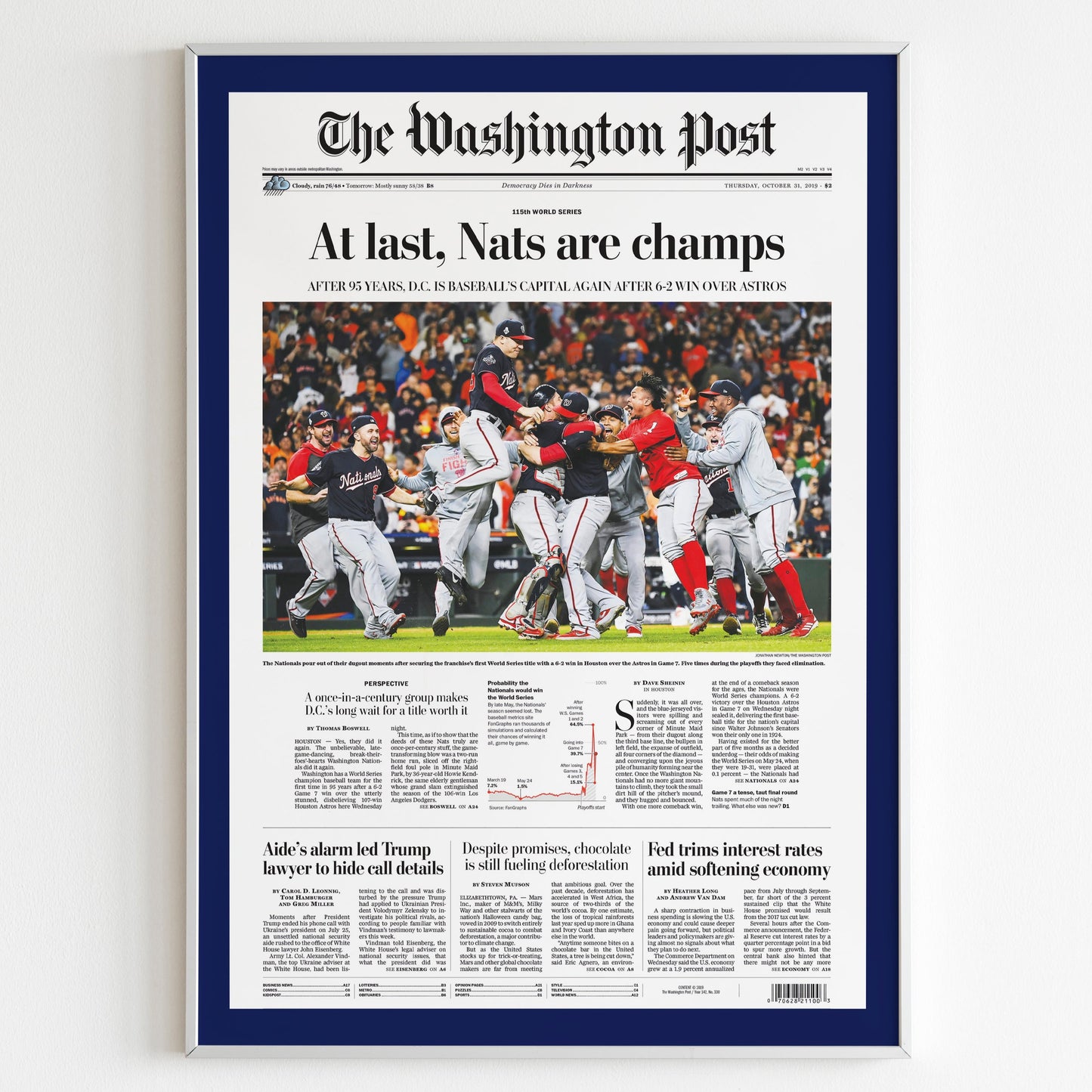 Washington Nationals 2019 World Series MLB Champions Front Cover The Washington Post Newspaper Poster, Wall Poster Baseball Team Print