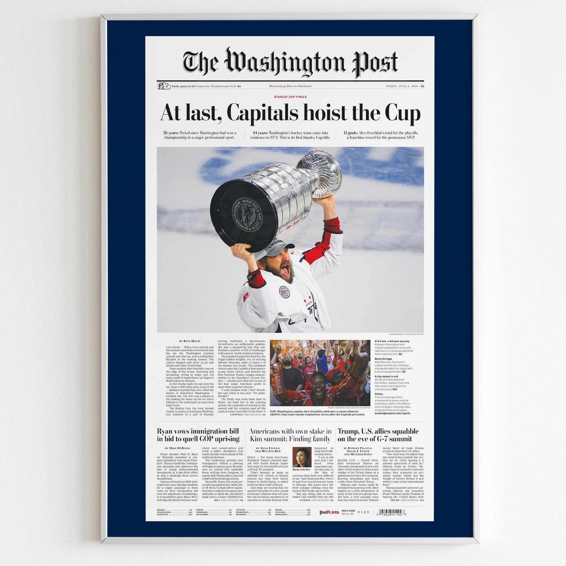 Washington Capitals 2018 NHL Stanley Cup Champions Front Cover The Washington Post Poster, Newspaper Front Page, Hockey Team Magazine