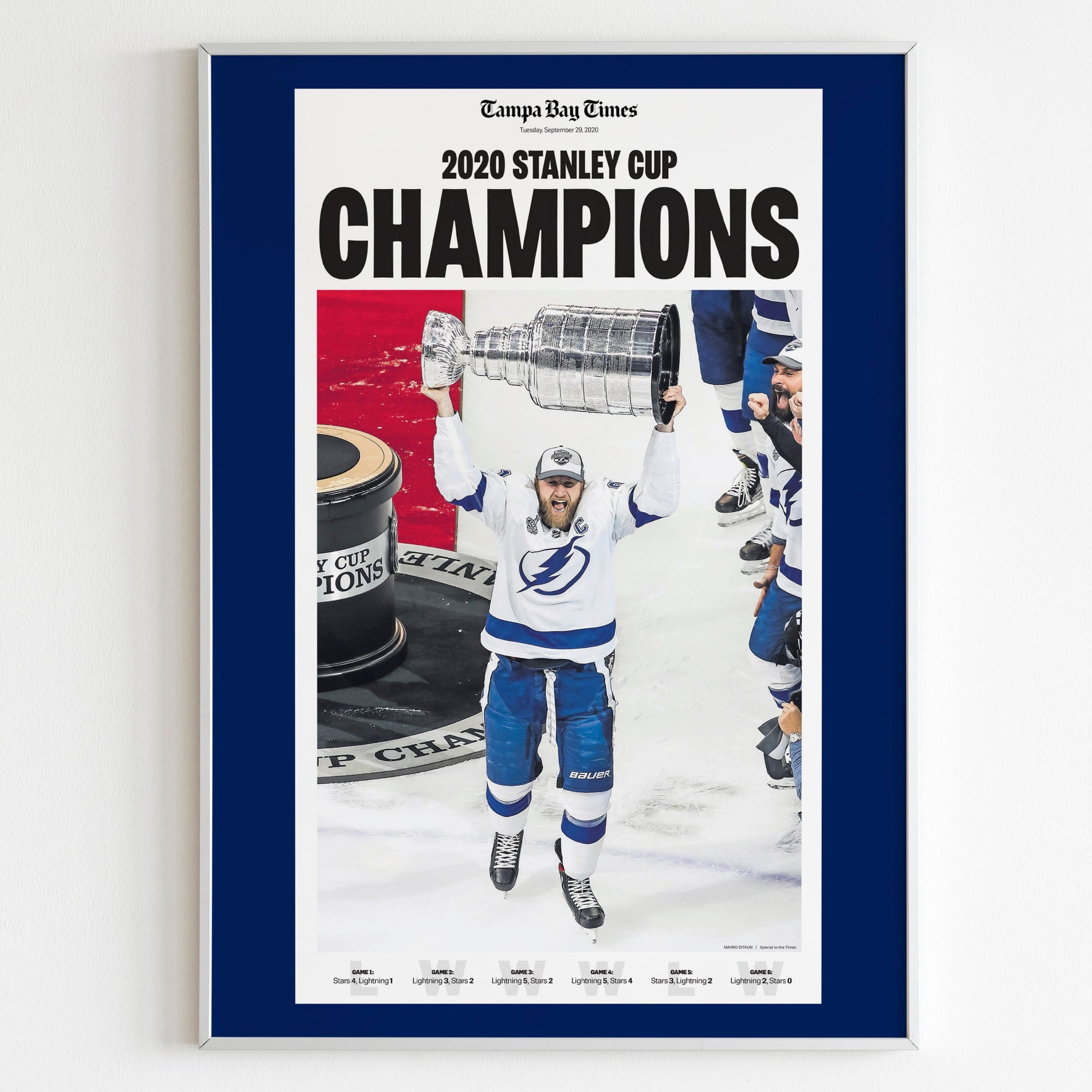 Tampa Bay Lightning 2020 NHL Stanley Cup Champions Front Cover Tampa Bay Times Poster, Hockey Team Magazine Print, Newspaper Front Page