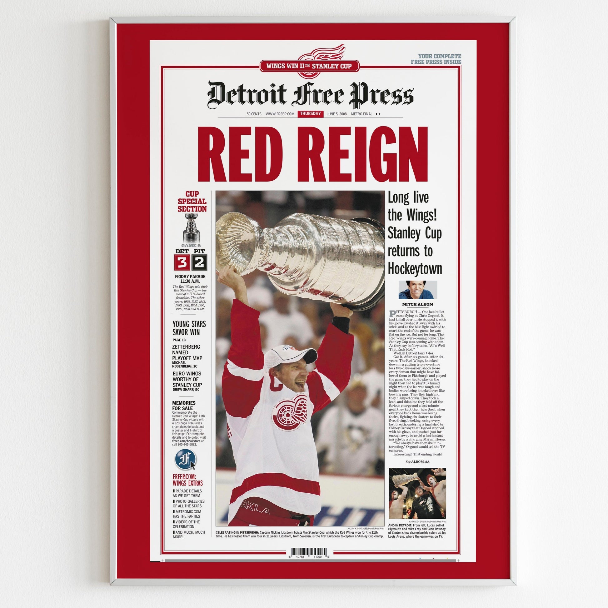 Detroit Red Wings 2008 NHL Stanley Cup Champions Front Cover Detroit Free Press Poster, Hockey Team Magazine Print, Newspaper Front Page