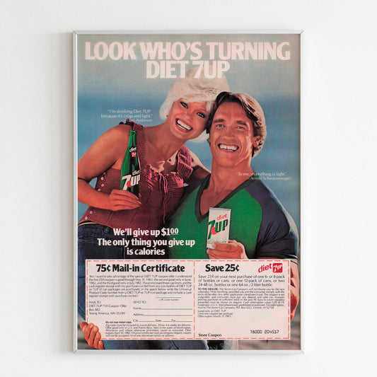 7UP Loni Anderson and Arnold Schwarzenegger Advertising Poster 90s Style USA Print, Vintage Ad Wall Art, Magazine Retro Advertisement