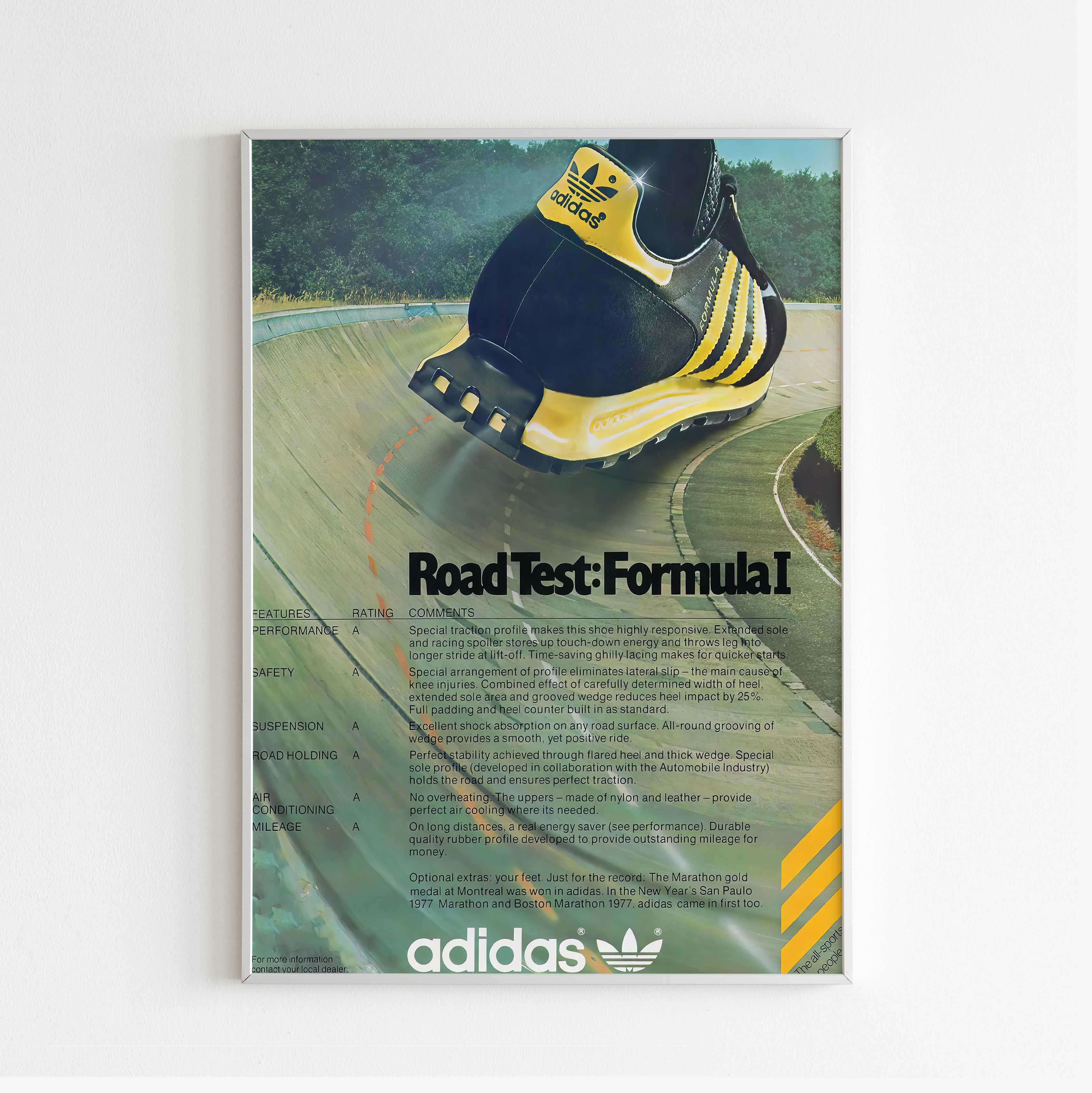 Adidas Formula 1 racing style Advertising Poster 80s Style Shoes Print Vintage Running Ad Wall Art Magazine Retro Advertisement Yesterday Vault