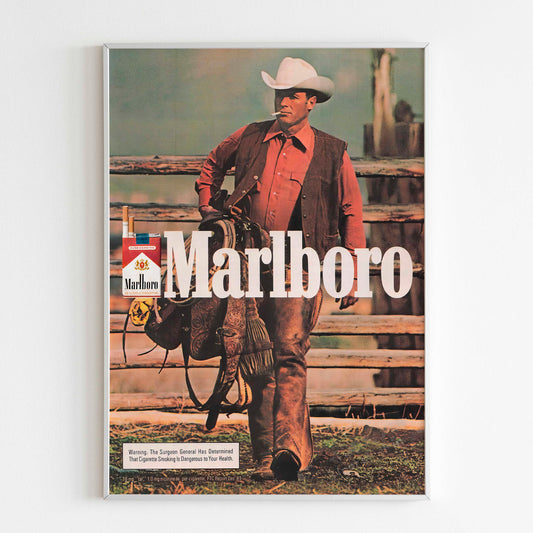 Marlboro Country Cowboy Advertising Poster, 80s Style Print, Cigarettes Collection Ad Wall Art, Retro Magazine Vintage Design Advertisement