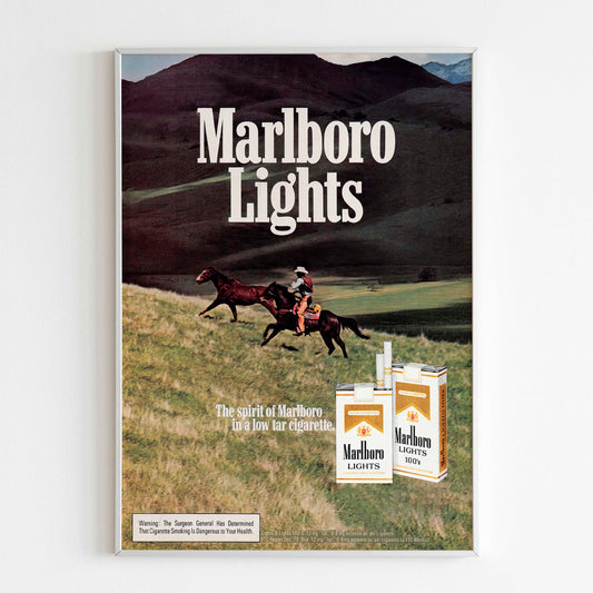 Marlboro Country Lights Advertising Poster, Cowboys 80s Style Print, Cigarettes Collection Ad Wall Art, Retro Magazine Vintage Design Advertisement