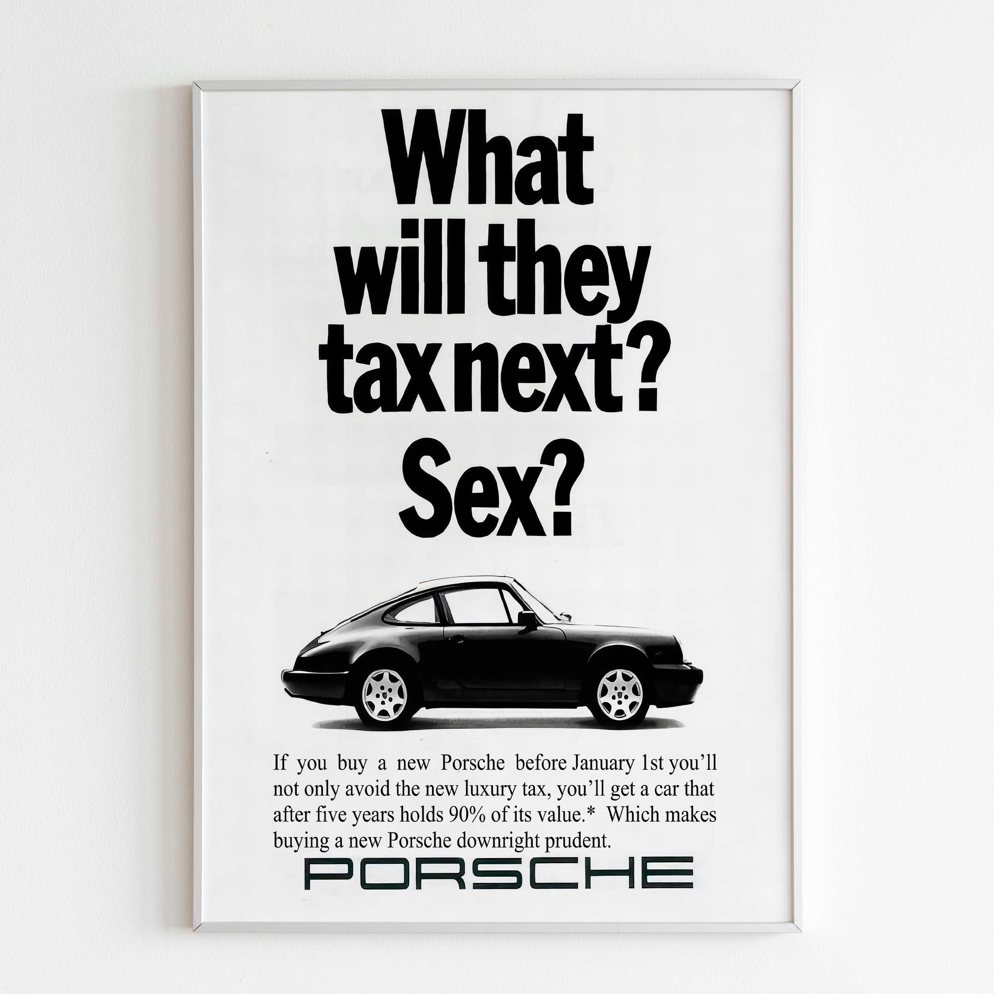 Porsche 911 "What Will They Tax Next?" Poster, Sport Car 80s Print, Vintage Design Ad Wall Art, Magazine Advertisement