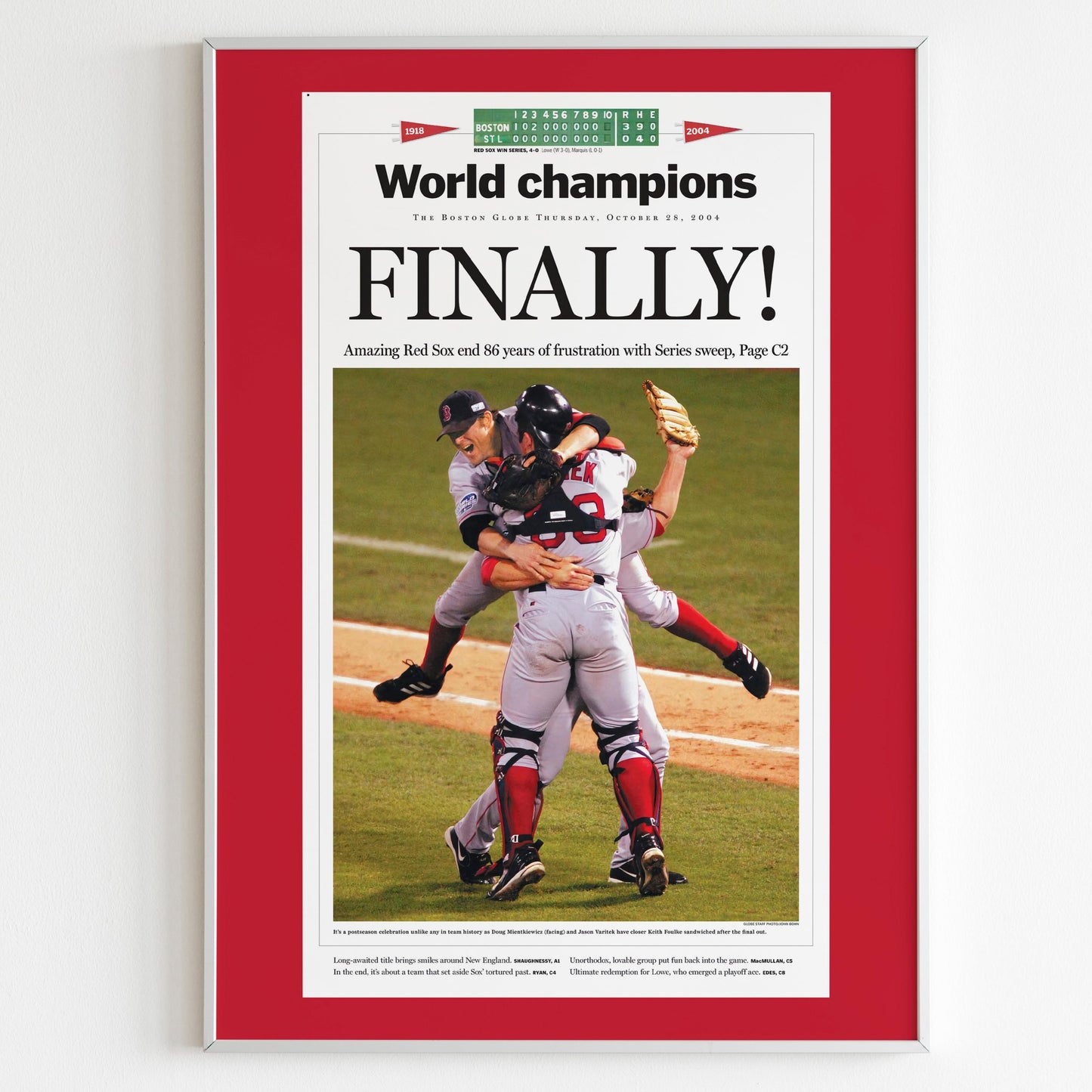Boston Red Sox 2004 World Series MLB Champions Front Cover The Boston Globe Newspaper Poster, Baseball Team Print, Magazine Page Wall Poster