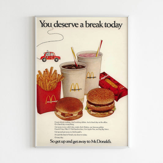 McDonald's "You deserve a break today" Advertising Poster, 80s Style Print, Vintage Fast Food Design Ad Wall Art, Magazine Advertisement