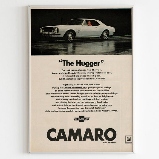 Chevrolet Camaro Advertising Poster, Muscle Car 70s Style Print, Vintage Design, Racing Ad Wall Art, Magazine Retro Advertisement