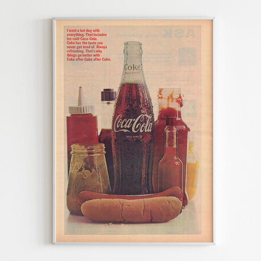 Coca-Cola Advertising Poster, 60s Style USA Print, Vintage Design Ad Wall Art, Magazine Retro Advertisement, Hot Dog Poster