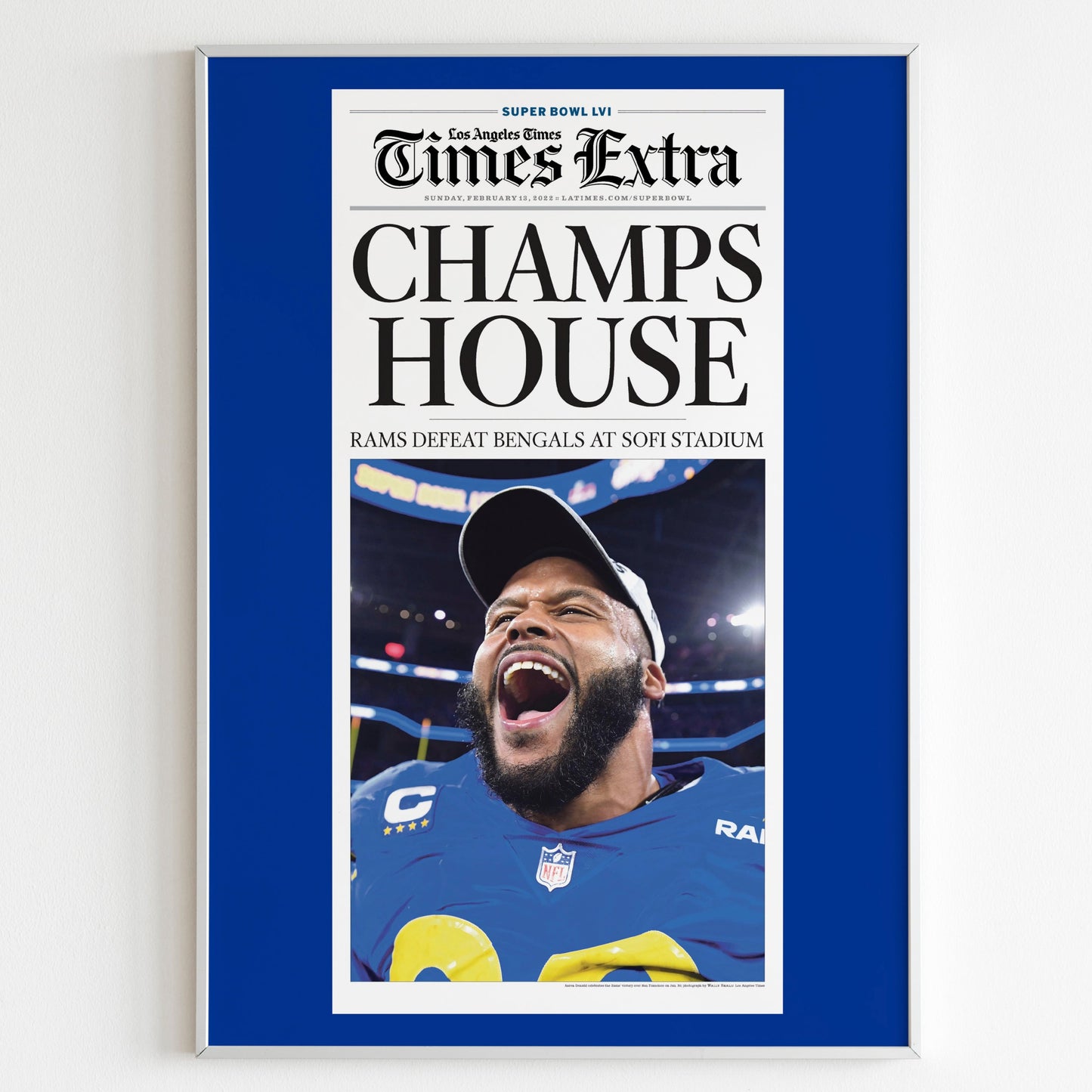 Los Angeles Rams 2022 Super Bowl NFL Champions Front Cover Los Angeles Times Newspaper Poster, Football Team Print, Front Page Poster